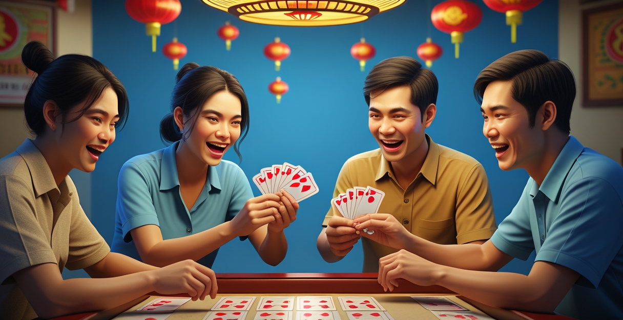 Người chơi nhận 3 lá bài ba cây trên bàn xanh nhạt, không khí cộng đồng Việt vui vẻ